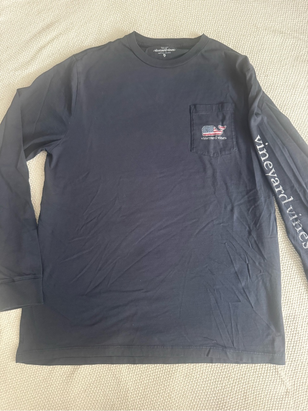 Vineyard Vines Navy Long Sleeve Pocket Tee with Flag Whale